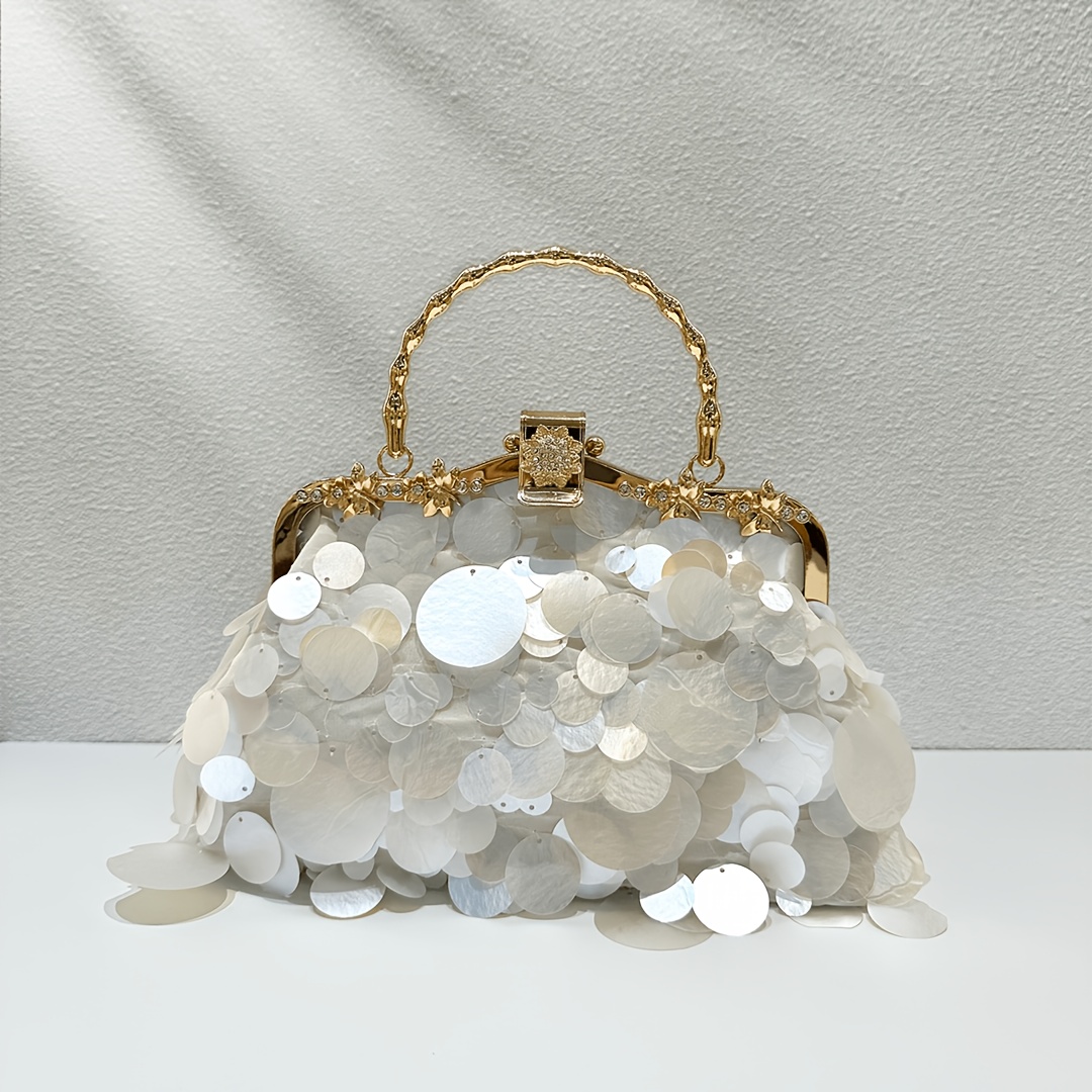 TEMU 1 ud. Bolso de mujer de moda con lentejuelas de de concha, bolso de cena con clip de diamante de flor dorado de lujo , adecuado para ocasiones