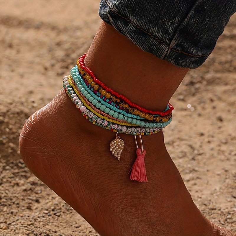 

9pc Tassel Wings Pendant Beaded Anklet Set Boho Style Ankle Bracelet Jewelry Set