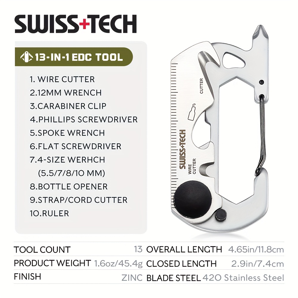 Tech 13 In 1 Mini Multifunctional Tools Protable Small Pocket Multitool Kit, Compact Card Tool, Bottle Opener, Rope Cutter, Screwdriver, Wrench, Scale, Carabiner Clip Hiking Camping Edc Gadgets