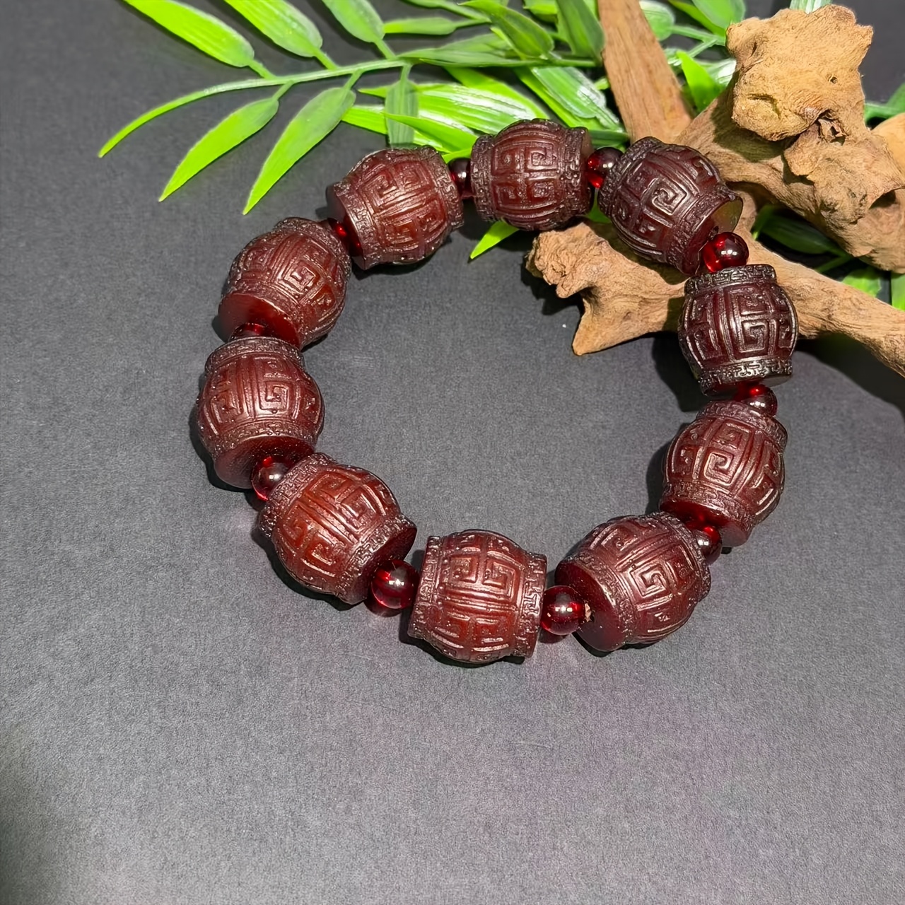 Unisex Natural Amber Bead Bracelet, Old Wax Carving Style