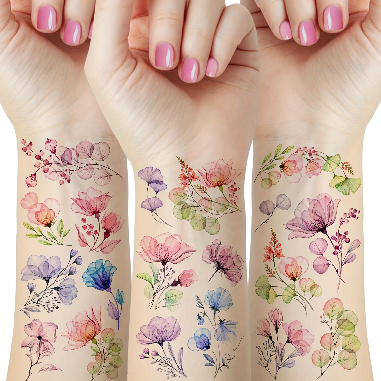Image of 12 Sheets Watercolor Transparent Rose Temporary Tattoos, Flower Party Decoration Items, Waterproof And Long-lasting Fake Tattoo Stickers, Body Art, Size: 10x6cm