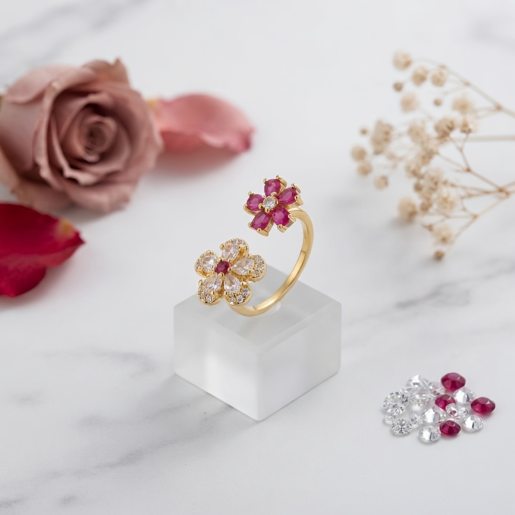 Women's Two-tone Flower CZ Adjustable Open Ring, Elegant Gift