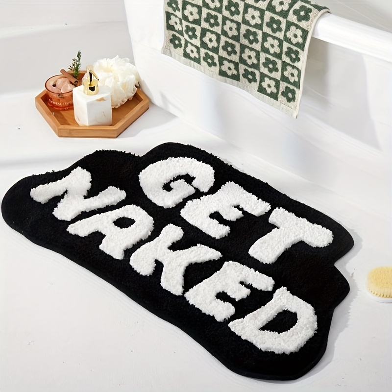 

1pc "get Naked" Design Non-slip Bath Mat - Quick-dry, Absorbent Knitted Polyester Rug With Su Backing, & White Pattern For Bathroom Safety , Bathroom Rug