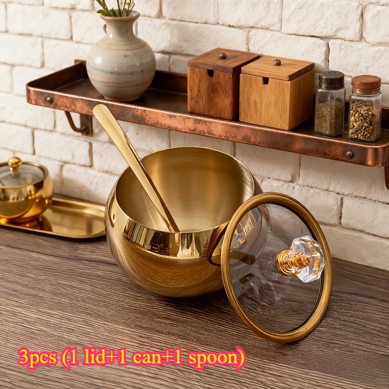 TEMU 3pcs (1 Lid And And 1 Spoon) Stainless Steel Seasoning Jar Ball-shaped Visual Seasoning Box Combination Set Kitchen Salt And Seasoning Jar