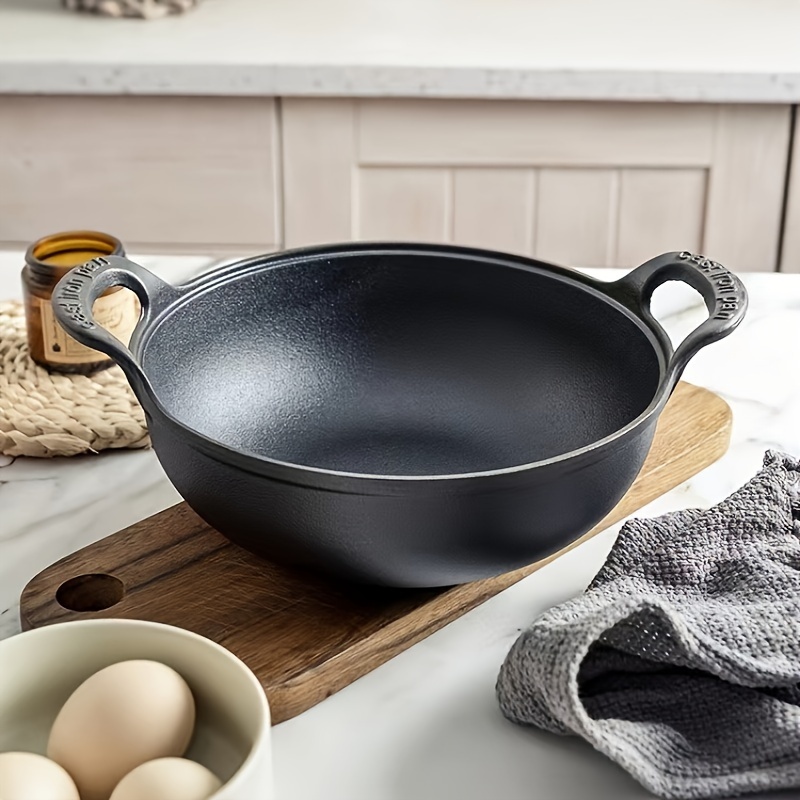 1pc cast iron wok with wooden lid non stick induction gas stovetop compatible ideal for cooking   boiling noodles food contact safe kitchen cookware 5