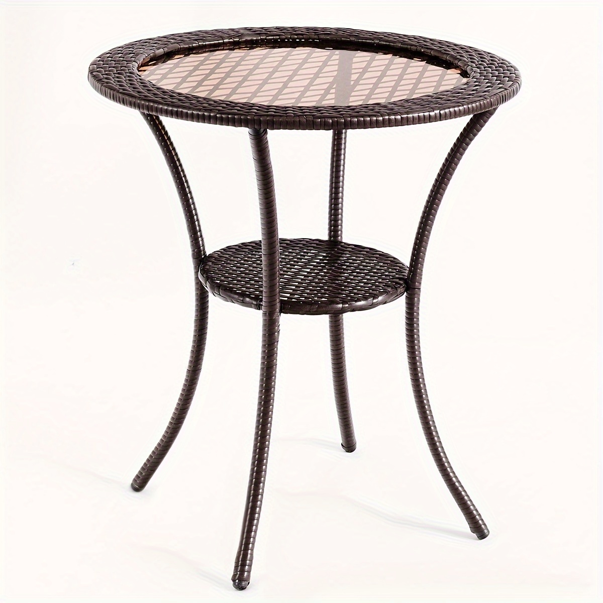 

1pc Round Rattan Wicker Coffee Table, With Glass Top And Steel Frame, Patio Furniture With Lower Shelf, Bistro Table, Outdoor End Table For Patio, Backyard, Pool, Patio Dining Table