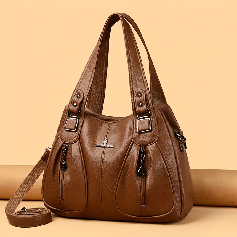 womens casual shoulder bag burgundy solid color lightweight with adjustable strap zipper closure polyester lined edge paint multi pocket crossbody handbag for travel commuting dating shopping holiday theme Product details 0