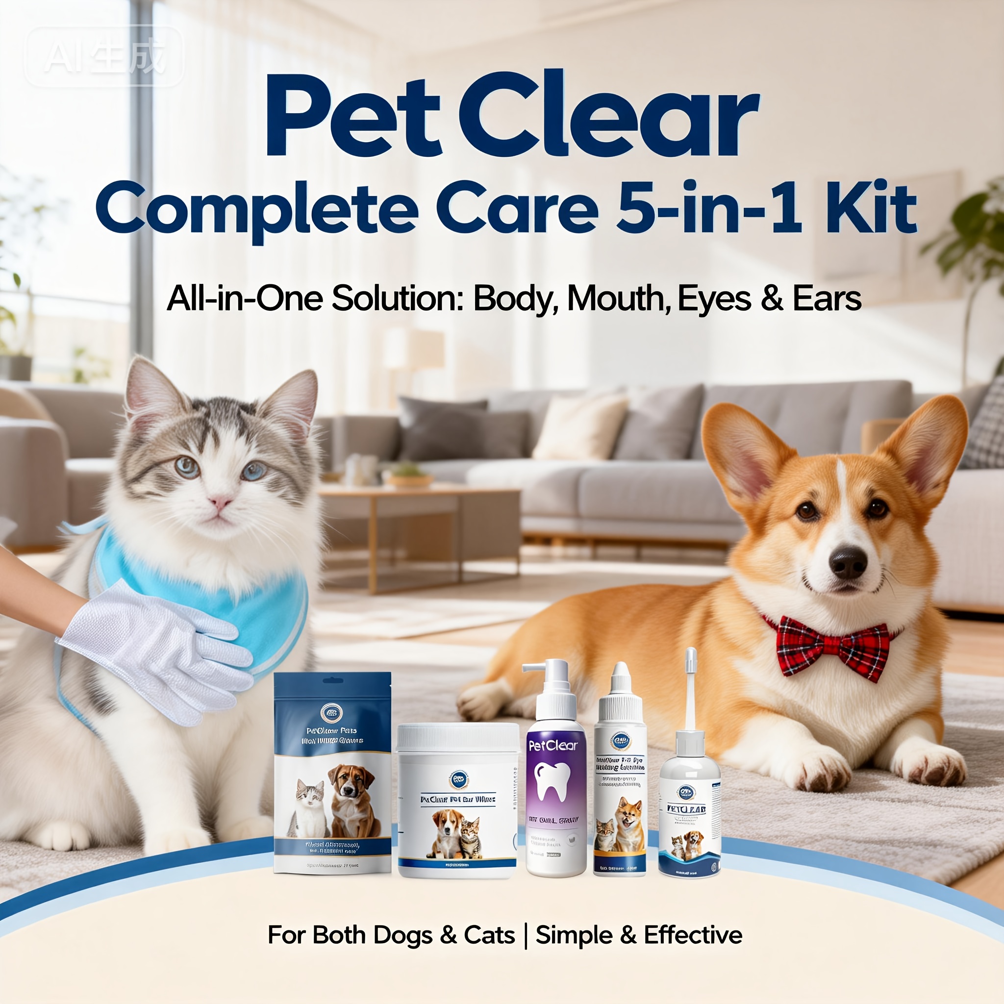 Pet Ear, Eye, and Oral Care Kit: Includes 1 Bottle of Ear Drops, Eye Wash Solution, Oral Spray, Ear Wipes, and Wet Wipe Gloves