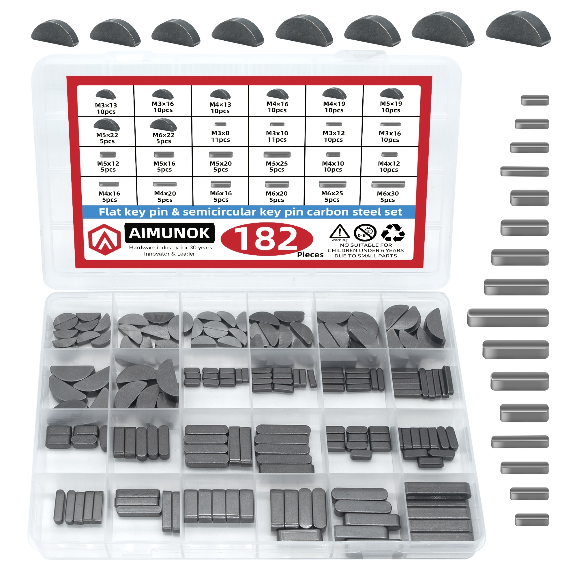 Image of 182pcs Carbon Steel Key & Parallel Flat Key Assortment Kit, Semicircular Half Pin, Straight Flat Key Set For Shaft, Gear, Pulley Fastening & Repair
