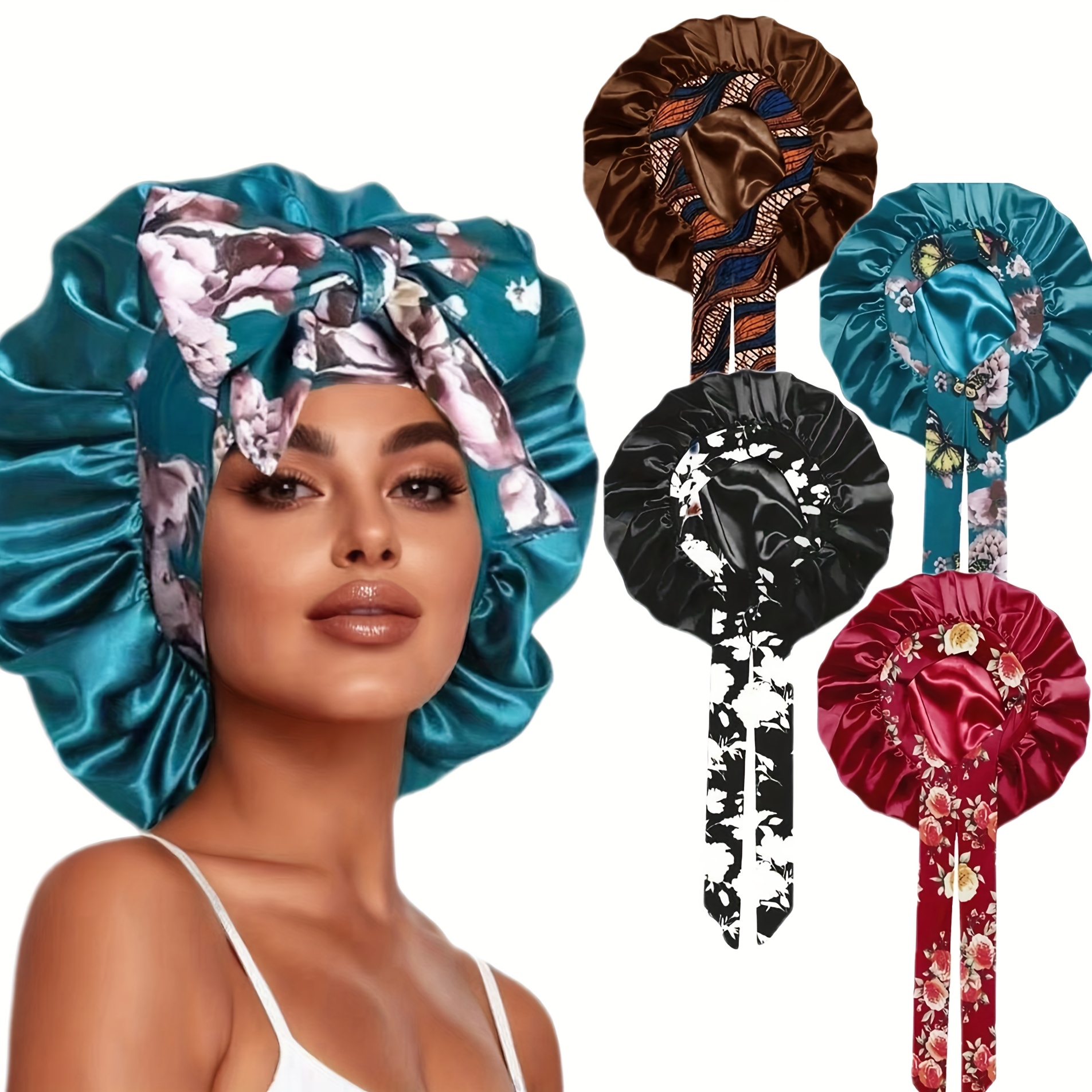 Image of 4pcs Set New Large Size 36cm Wide Brim Long Tail High Elasticity Headband Hair Protector Cap With Tassel Print Adult Sleep Hat