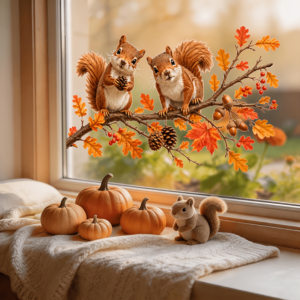 1pc Maple Branches, Squirrels, Pine Cones Window Stickers - Self-adhesive Stickers, Autumn And Decoration, Halloween Decoration, Suitable For Autumn Thanksgiving Decor, Halloween Decor Home Decor
