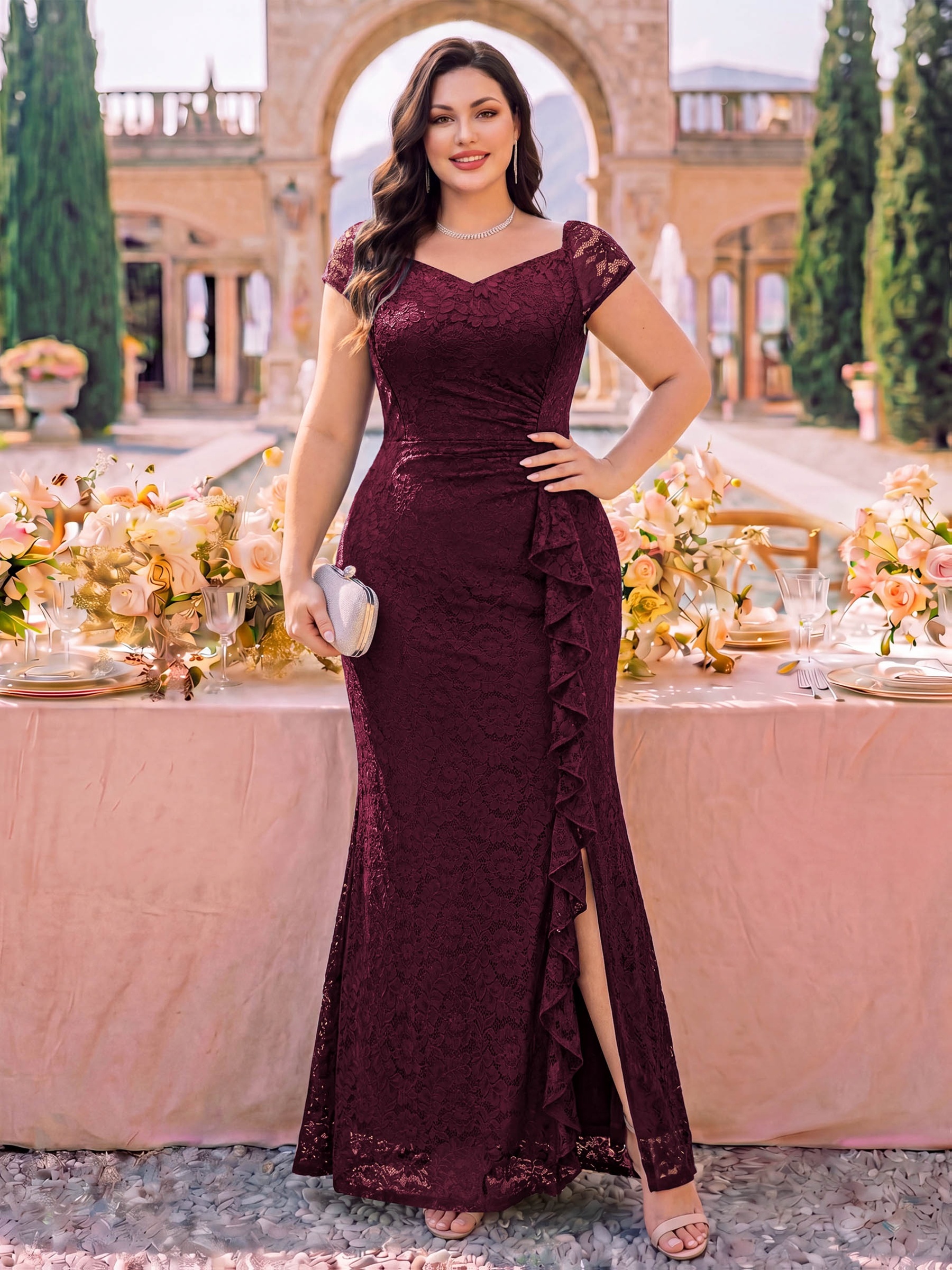 lace plus size bridesmaid dresses p22038 elegant plus size womens shoulder plus size bohemian wedding dress Color:Beige Shell Short Wedding Dresses | sleeved lace plus size
