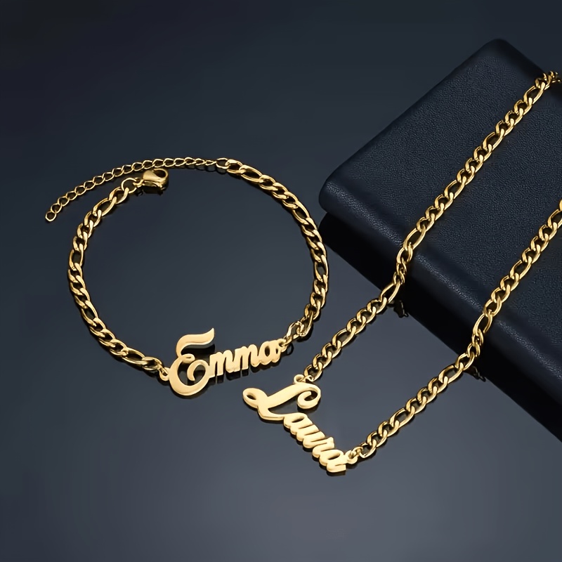 TEMU 1 Necklace + 1 Bracelet Women's Jewelry Set, Customizable With 2 English Names, 18k Gold-plated Stainless Steel, Easy And Elegant Temperament