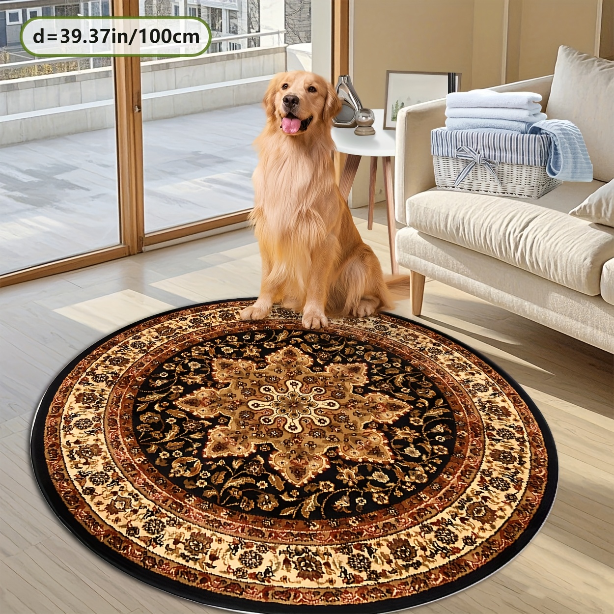 TEMU Zulida Bohemian Round Mat - 800gsm , Non-slip Backing, Machine Washable, Brown & Beige , Cozy & Stylish For Living Room, Bedroom, Sofa, Or