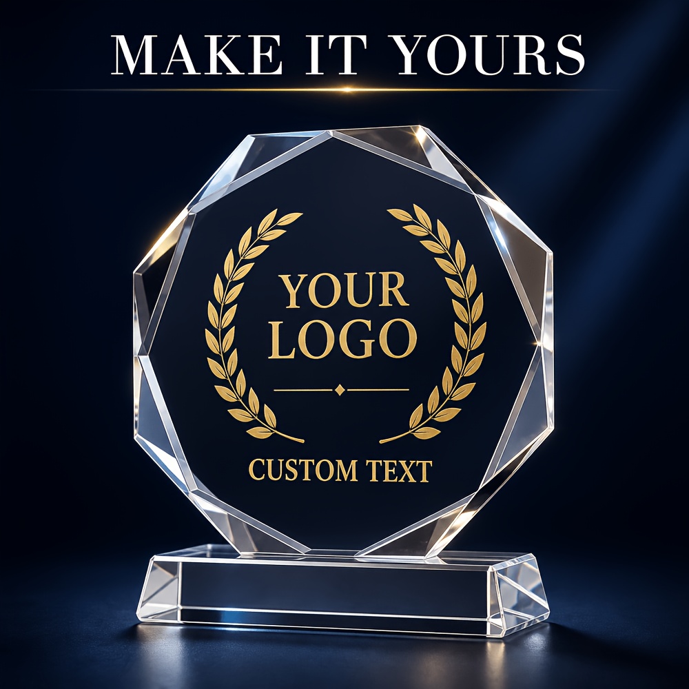 TEMU Custom Octagonal Crystal Award Trophy With Uv Printed Logo & Text, Recognition Gift For Corporate Awards And Celebrations