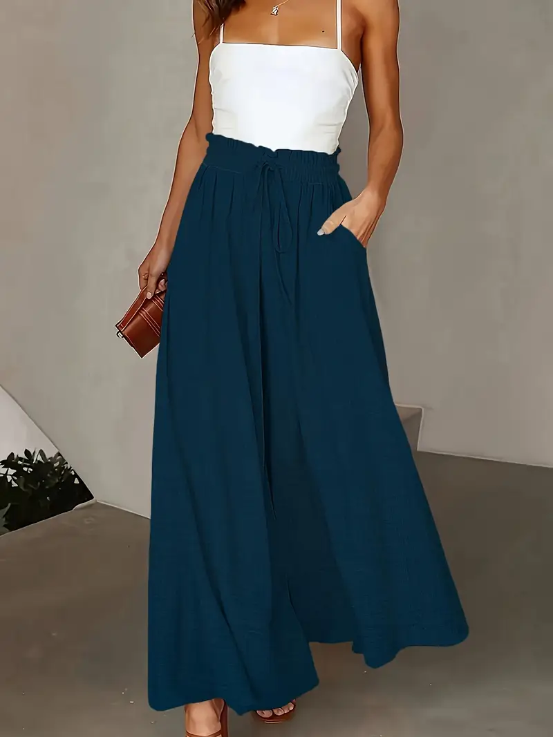 womens elegant high waist wide leg pants solid color polyester loose fit with drawstring detail fashion stylish wide leg pant details 0