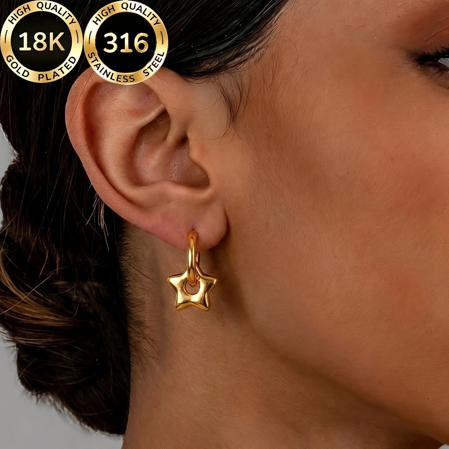 Women's 18K Gold-Plated Hypoallergenic Dangling Pentagram Earrings