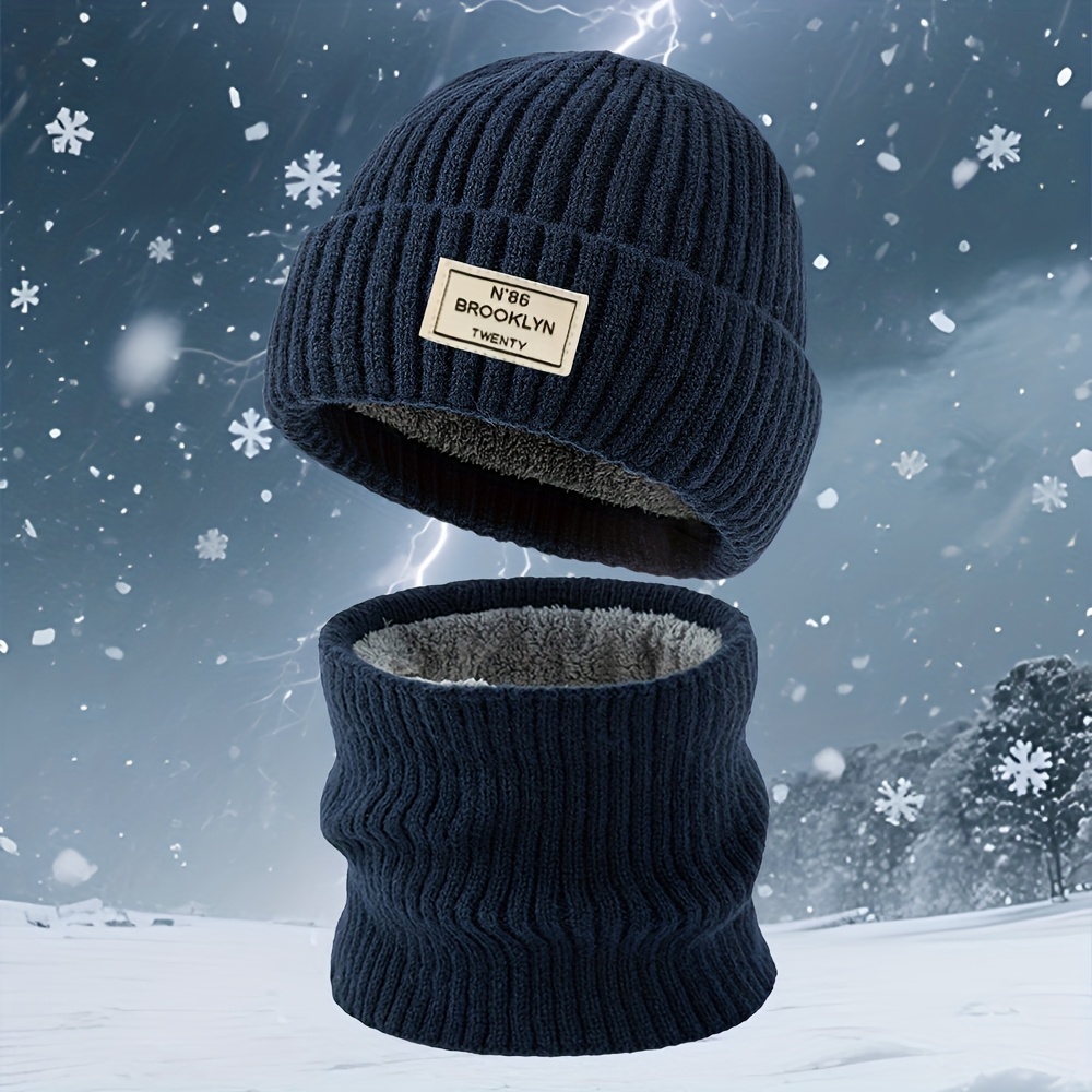 TEMU 2pcs Set Of Winter Season Youth Fleece-lined Thick Warm Knit Hats, Unisex Men Women Mixed Set Outdoor Warm Casual Beanie Slouchy Hat, Fashion