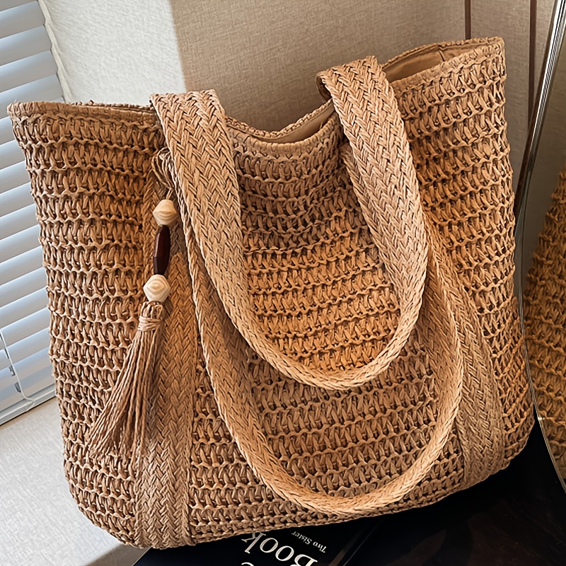 TEMU New Women's Fashion Solid Color Straw Woven Handmade Shoulder Bag, Large Capacity With Tassel Decoration Tote Bag, Bag Type Classic Square Bag,