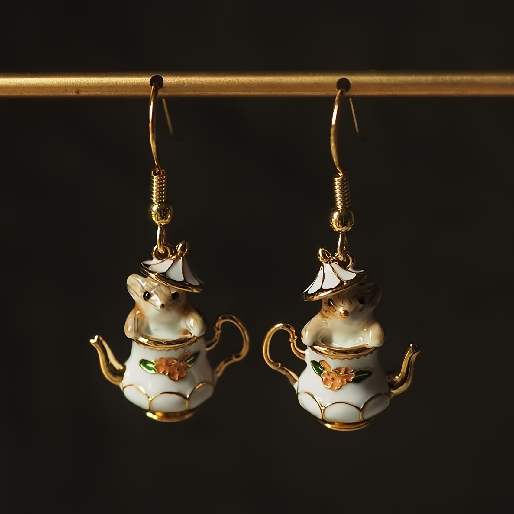 TEMU 1 Pair, Bohemian Style - Copper, Exquisite Drip Enamel , Teapot And Little Mouse-shaped Dangle Earrings - Unisex Fashionable And Earrings,
