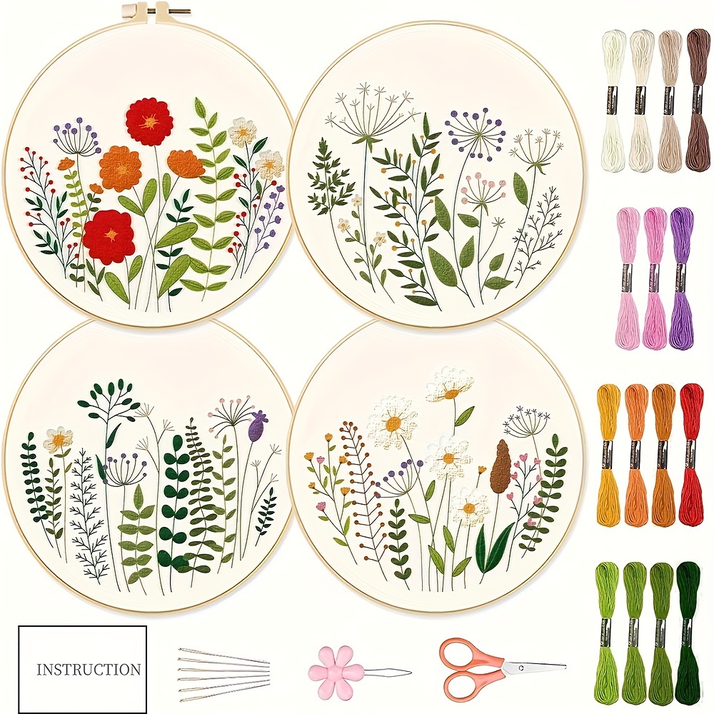 

4pcs Embroidery Set, Embroidery Botanical Floral Print With Instructions, Suitable For Adult Beginners Diy Embroidery Kit Adult Holiday Gift (embroidery Tools Color Random)