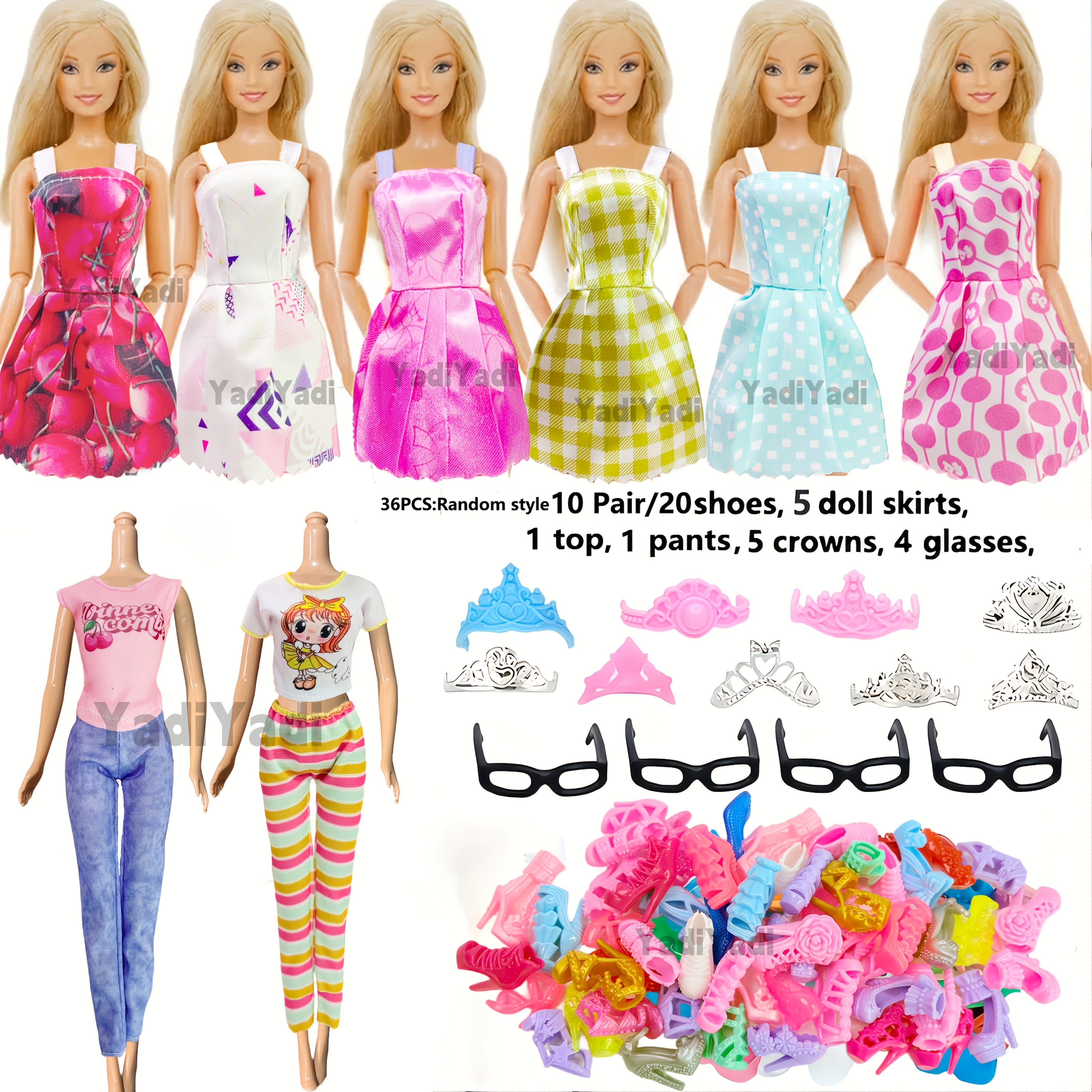 Image of 36 Piece Doll Clothes And Jewelry Set For 11.5 Inch Dolls - Complete Outfits With Skirts, Shoes, Crown,magic Staff.random Clothing Patterns, Doll Toy Set
