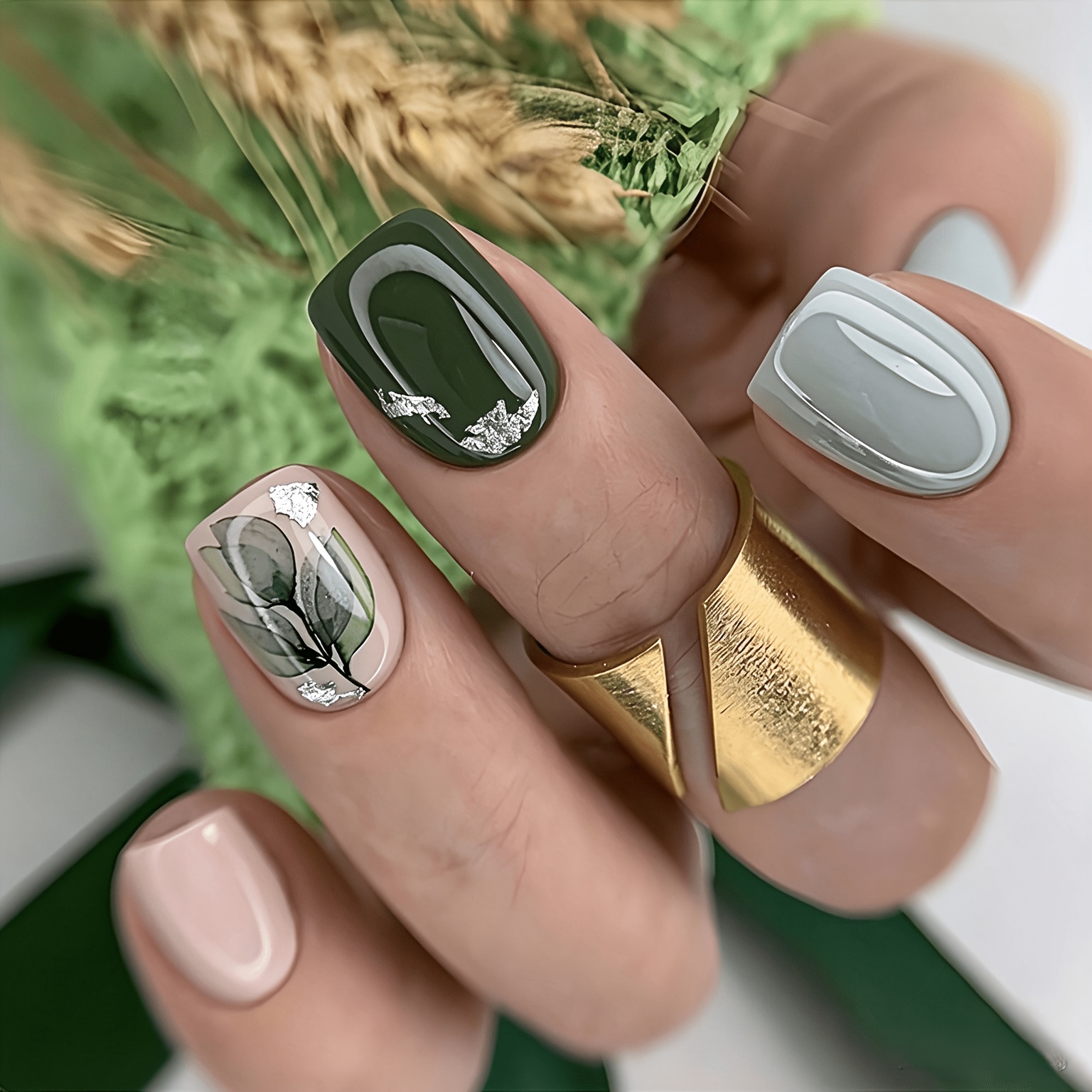 TEMU 24 Pezzi Unghie Finte Press-On Corte Squoval Lucide Rosa e Verde con Motivo Foglia, Unghie Artificiali Riutilizzabili per Donne