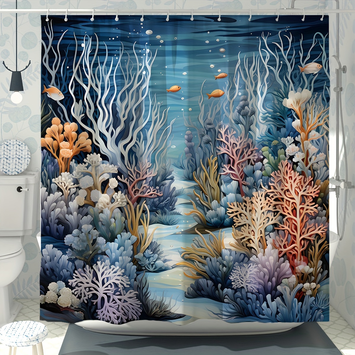 

Ocean Bliss Shower Curtain - Waterproof Polyester With Fish & Coral Design, 71x71 Inches, Includes 12 Hooks - Perfect For Bathroom Decor