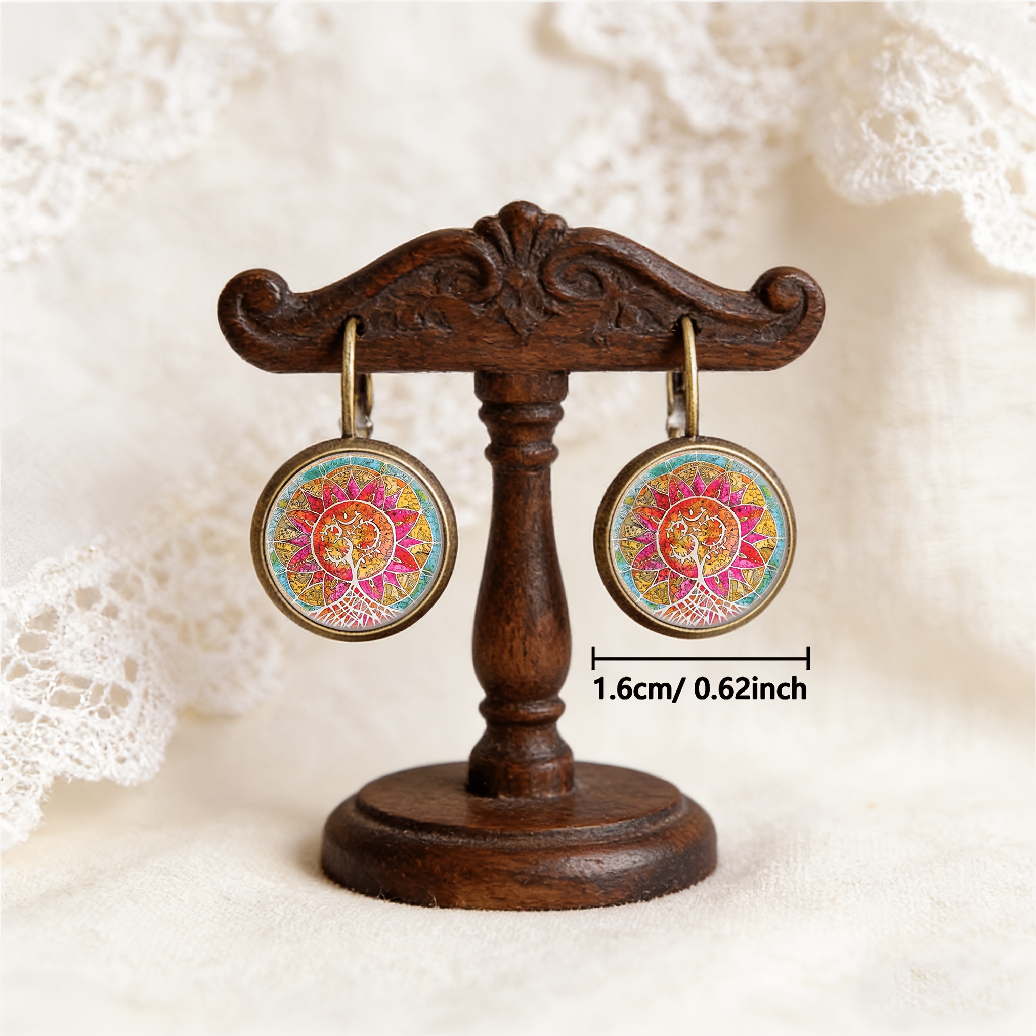 Cyan Round Classical Earrings Set, Colorful Floral Design