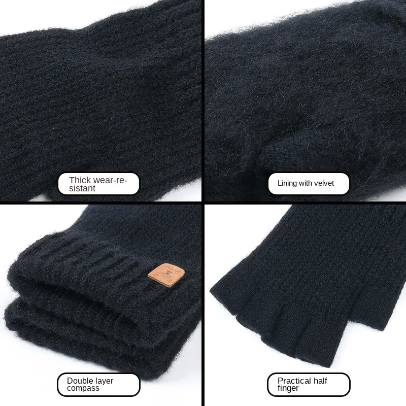 

Solid Color Cashmere Gloves Half Finger Gloves, Winter Warm Writing Touch Screen Finger Riding Warm Gloves