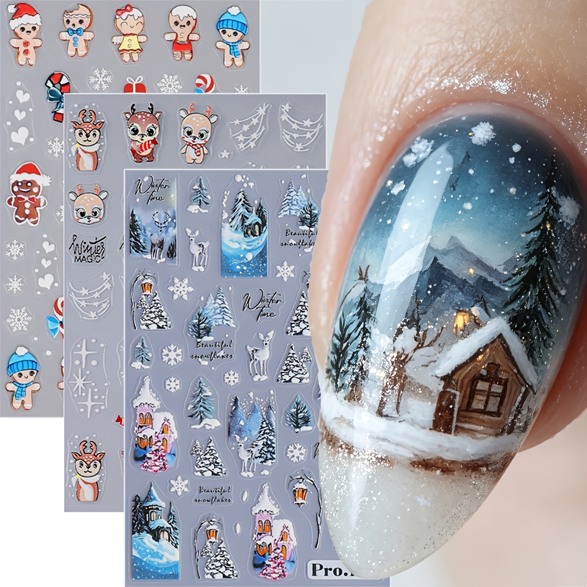 TEMU 3 Sheets 5d Embossed Christmas Winter Nail Stickers, Snowy, Reindeer, Snowflake Nail Art Decals, Cute Winter Manicure Decorations, Holiday Nail
