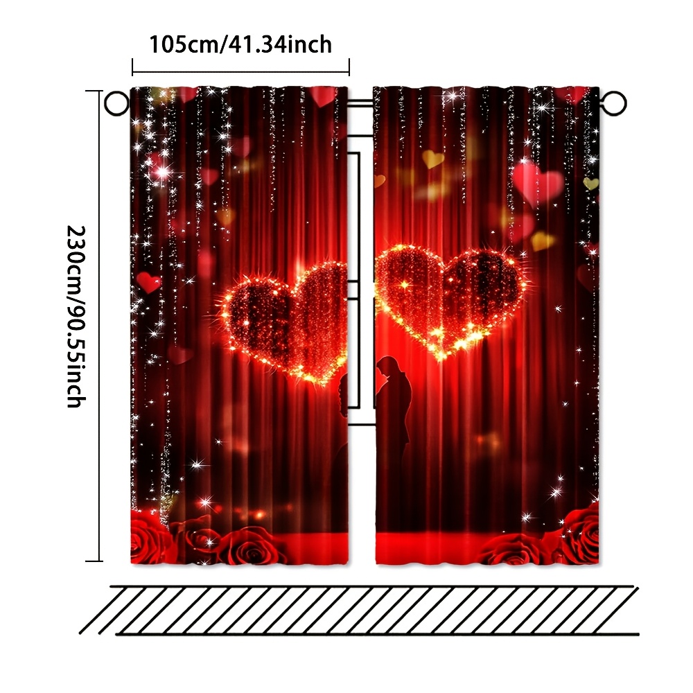 TEMU Set Of 2, Romantic Red Rose And Heart Patterned Polyester Curtains For Valentine's Day, Machine Washable, Vintage Design, Suitable For Living
