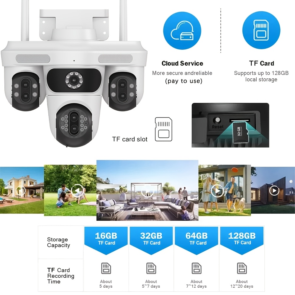 Smart 7-lens 10x Zoom WiFi PTZ , 355° PTZ Function, Ultra-Wide Monitoring Area, IP65 Waterproof, CCTV Network Security Surveillance  with Motion Detection, Auto Tracking, Color Night Vision, Two-Way Audio, Light and Sound Alerts, Suitable for Various