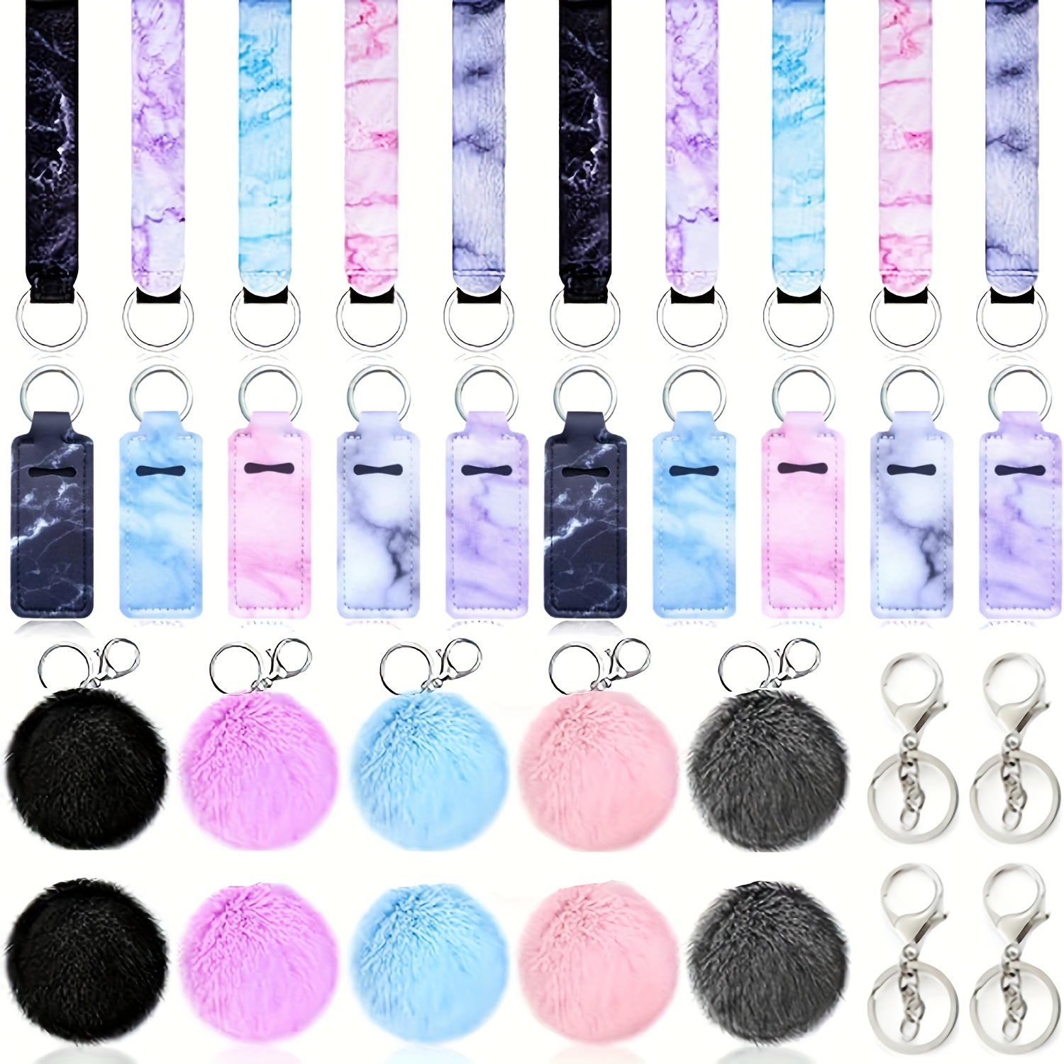 

30 Key Chain Sets, 5 Marble Wristbands, Lipstick Lipstick Sets, 10 Lobster Clasps And 10 Fur Balls, Marble Style Lipstick Brackets And Accessories