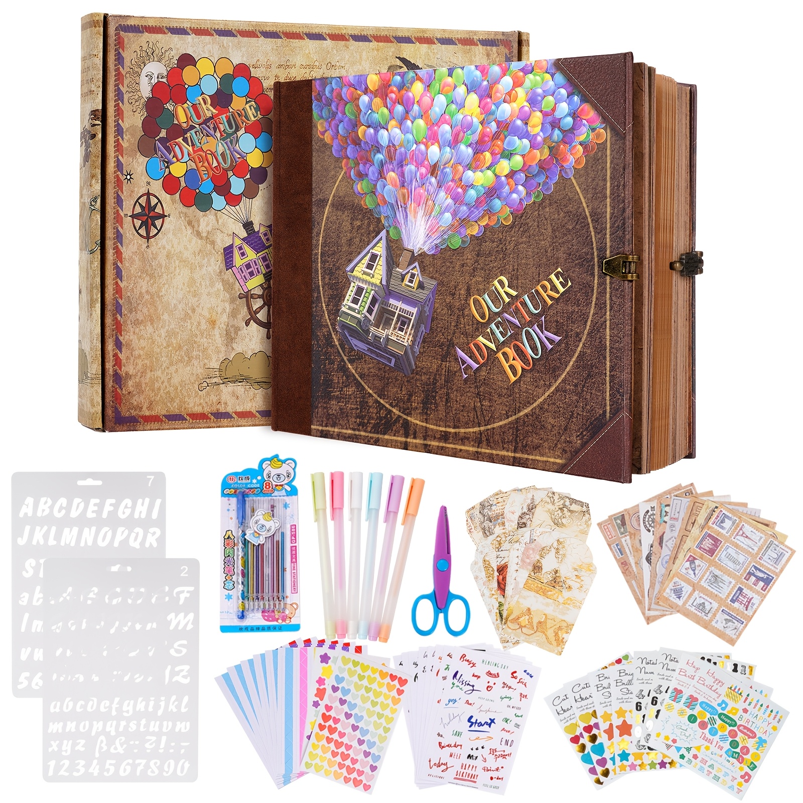 

1set Our Adventure Book 146 Pages Photo Album With Scrapbooking Supplies, 3d Retro Embossed Letter Leather Hard Cover Travel Journal Memory Book For Couples