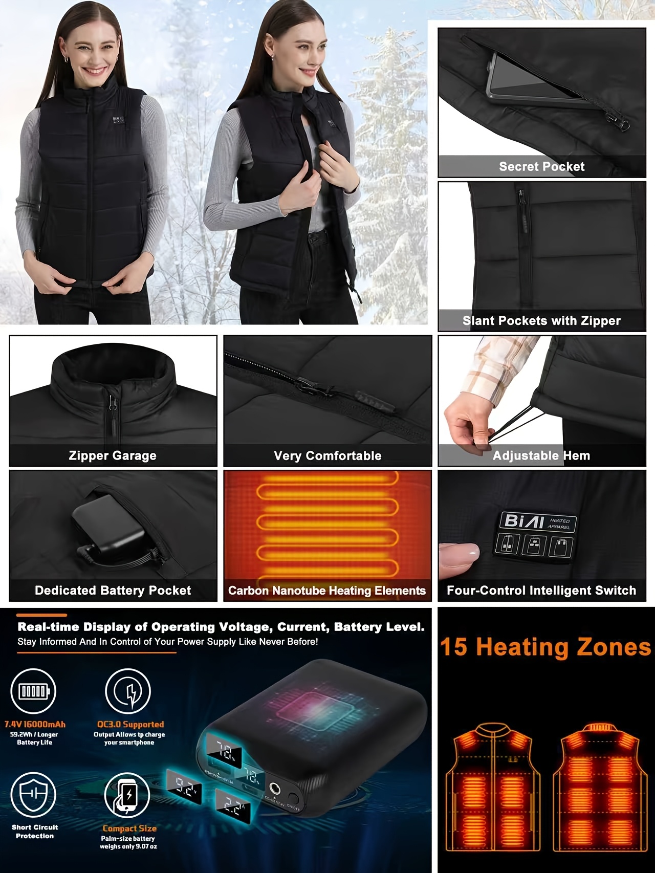 Gilet chauffant pour femmes avec batterie 7.4V 16000mAh à charge rapide | Veste chauffante modèle mis à jour pour femmes, style décontracté avec col montant et détails de fermeture éclair, motif rayé, tissu légèrement extensible