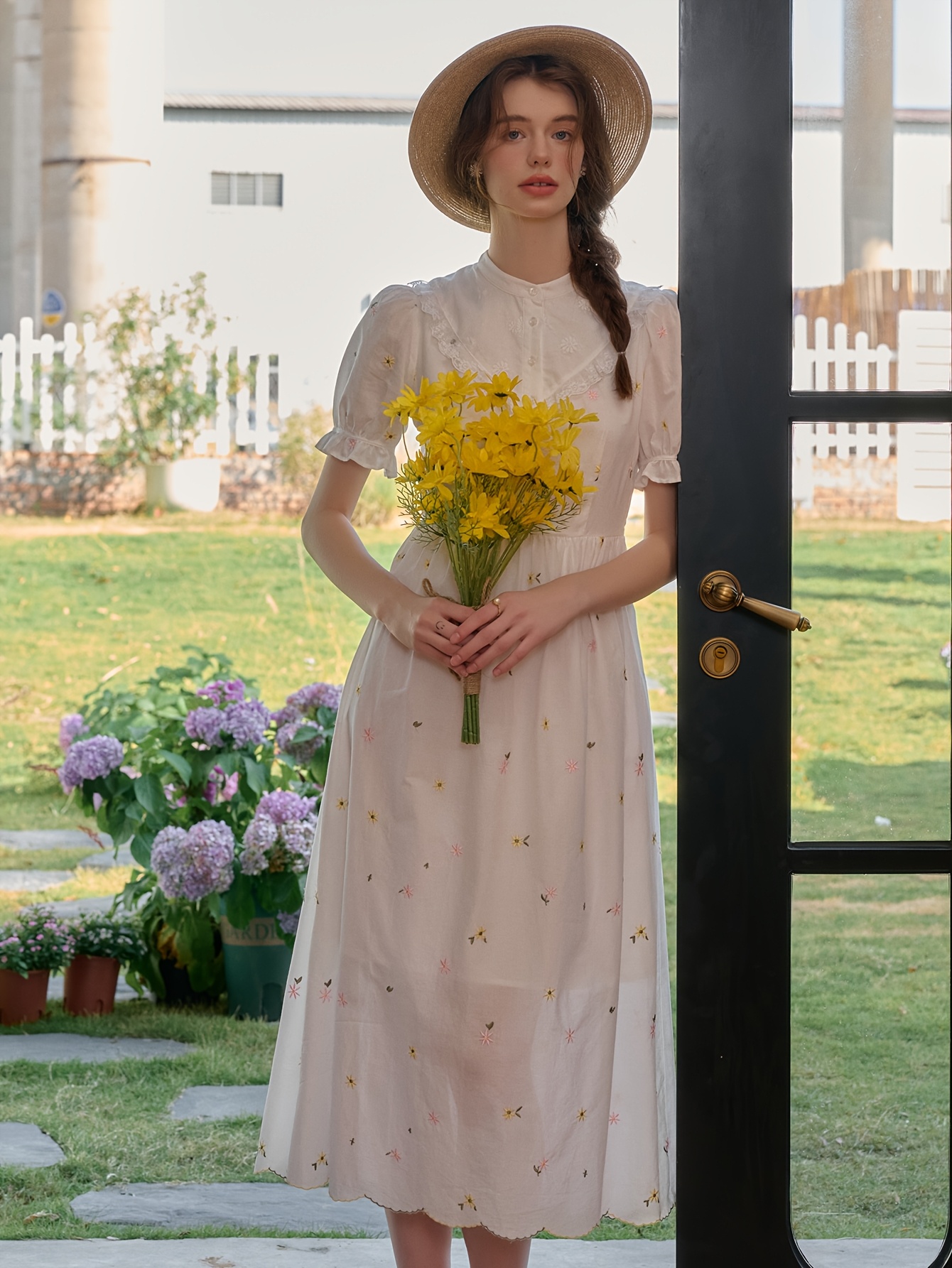 Women's Floral Dress with Collar, Lace Trim Puff Sleeves *-Length  Fitted Machine-Washable Spring Summer Dress for Casual