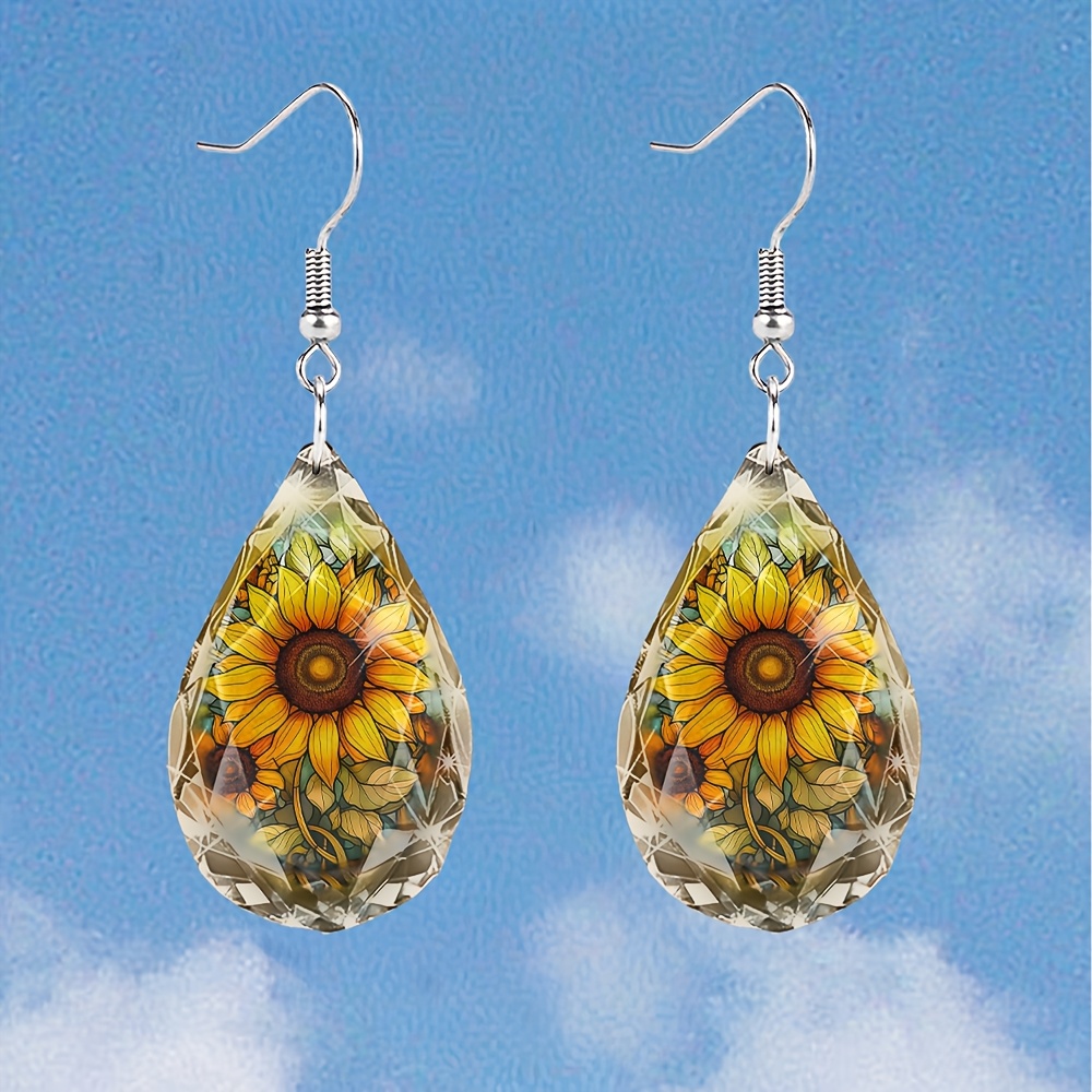 Women's Teardrop Glass Sunflower Earrings - Elegant Dangle Jewelry Suitable For Casual Attire & Special Occasions, Wearable Sunflower Petal, Versatile For Parties Weddings Casual Events