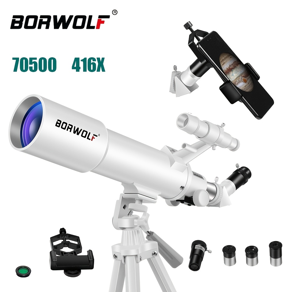 Image of Borwolf 70500 Refracting Telescope With Smartphone Adapter & Clip- Phone Holder - 70mm Aperture, 25x-416x Magnification Suitable For Moon, Planet , For,, Astronomy Parties, Portable For &