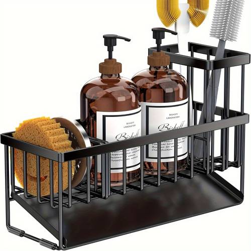 durable stainless steel kitchen sink organizer with drain tray heavy duty 304 rust proof black sink storage basket versatile sponge and brush holder space saving dish rack accessory for sink and countertop without dishwasher