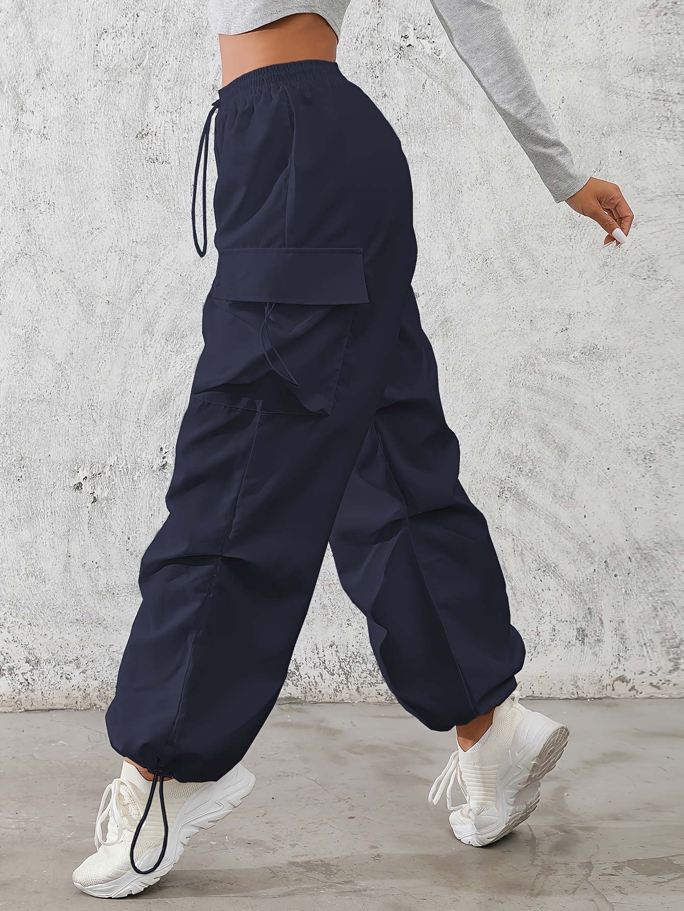 solid color drawstring baggy cargo pants casual flap pocket