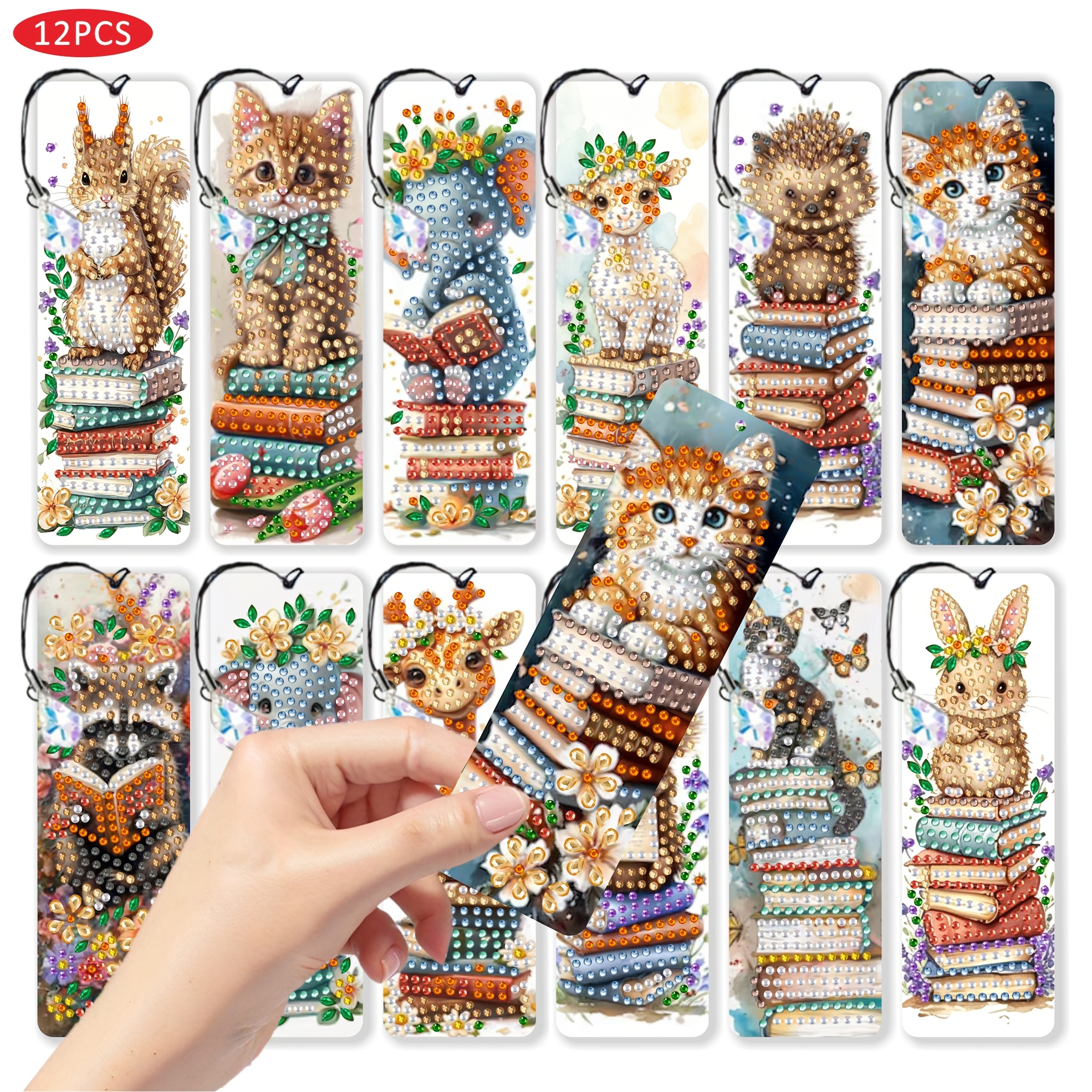 TEMU Diamond Painting - 12pcs Set Of Cute Animal Diamond Bookmark, All Patterns "small Animals And Books" Theme, Bookmark, With Lanyard And Crystal