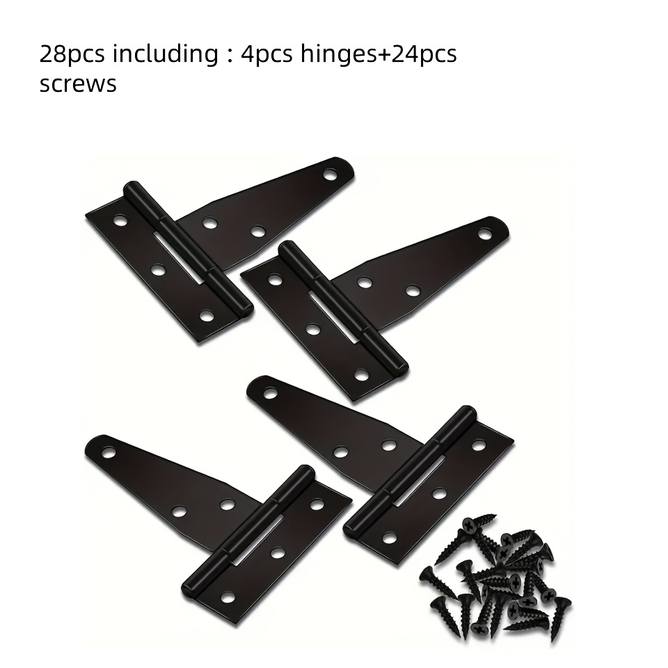 E-shop 28-teilig inklusive 4 Scharniere + 24 Schrauben, schwarze T-Schwerlast-Türscharniere für Scheunentüren, Metalltürscharniere, robuste