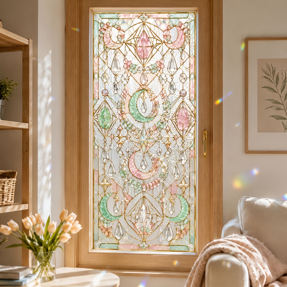 TEMU 1pc 45x100cm Pet Frosted Window Film, Mint Geometric Ornament Stained Glass Window Sticker, Self-adhesive Removable Privacy Film For Bathroom
