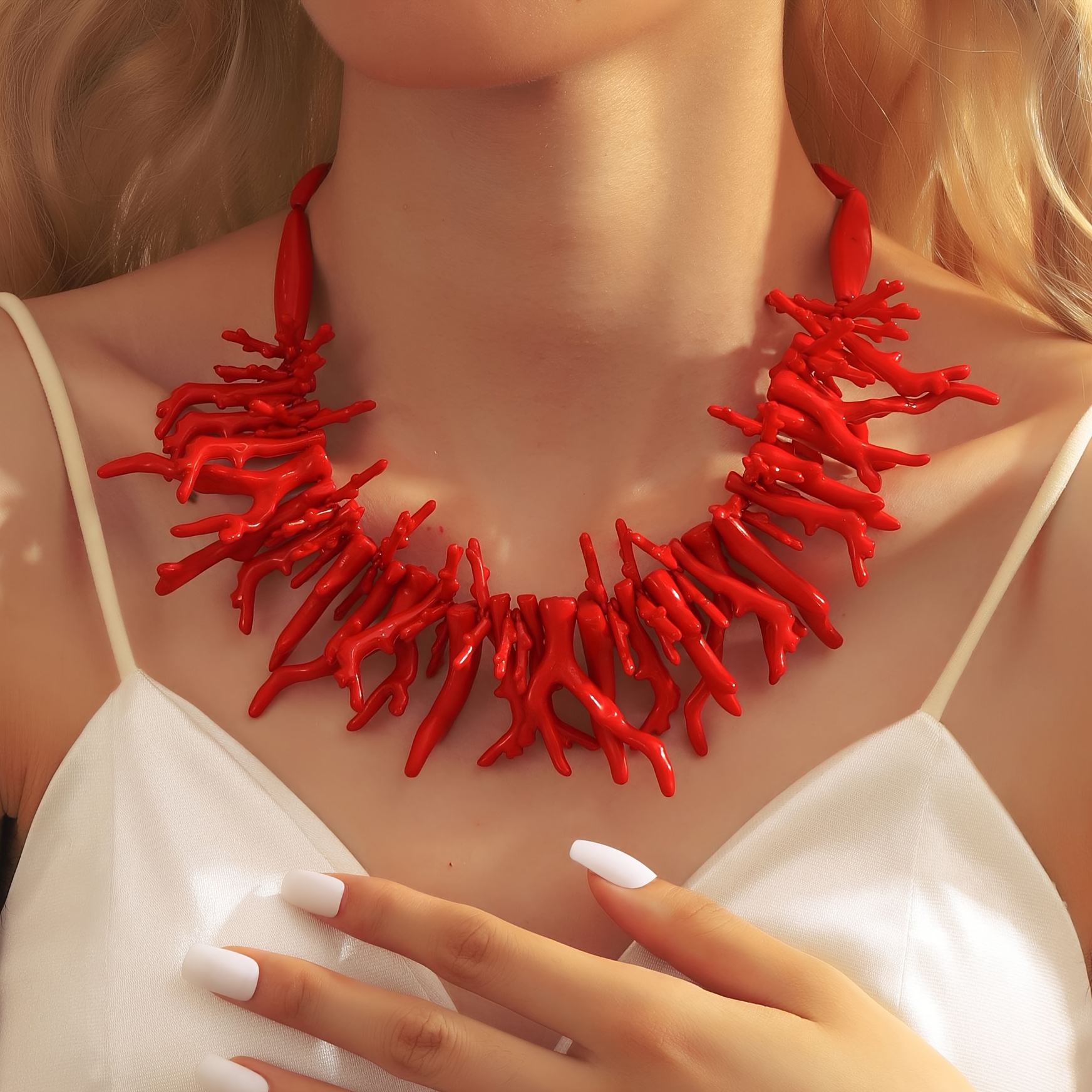 Image of Elegant Acrylic Coral Necklace, Earrings For Vacations, Perfect For Women's Festive Birthdays, Dates, Balls, Parties, And Shopping Additions