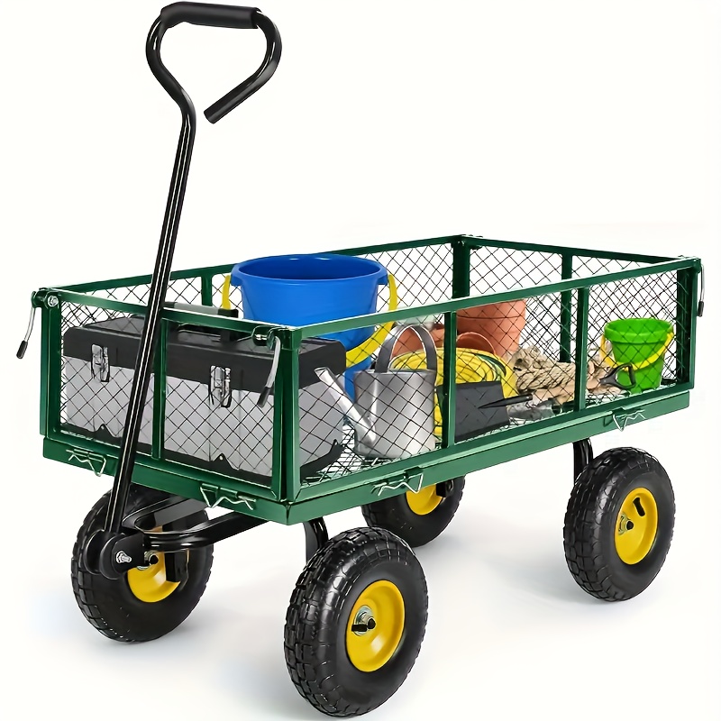 Image of Garden Cart, Heavy Duty 880 Lb. Capacity, Folding Utility Van With Removable Side Panels, 10-inch Tires (green), For Lawn, Garden, Camping, Farms