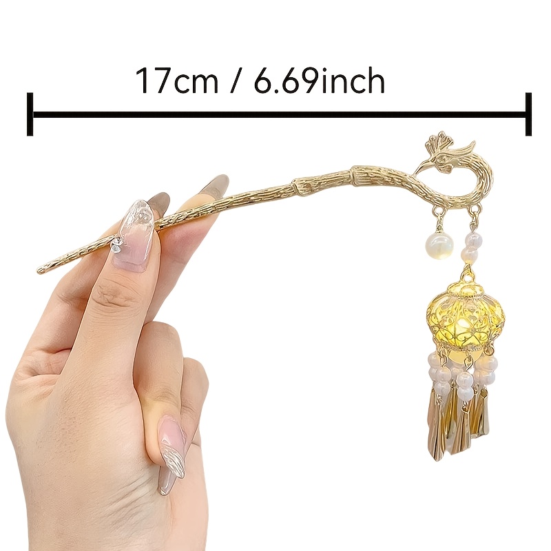 Golden Phoenix Pearl Fringed Lantern Hairpin, Retro Court Style