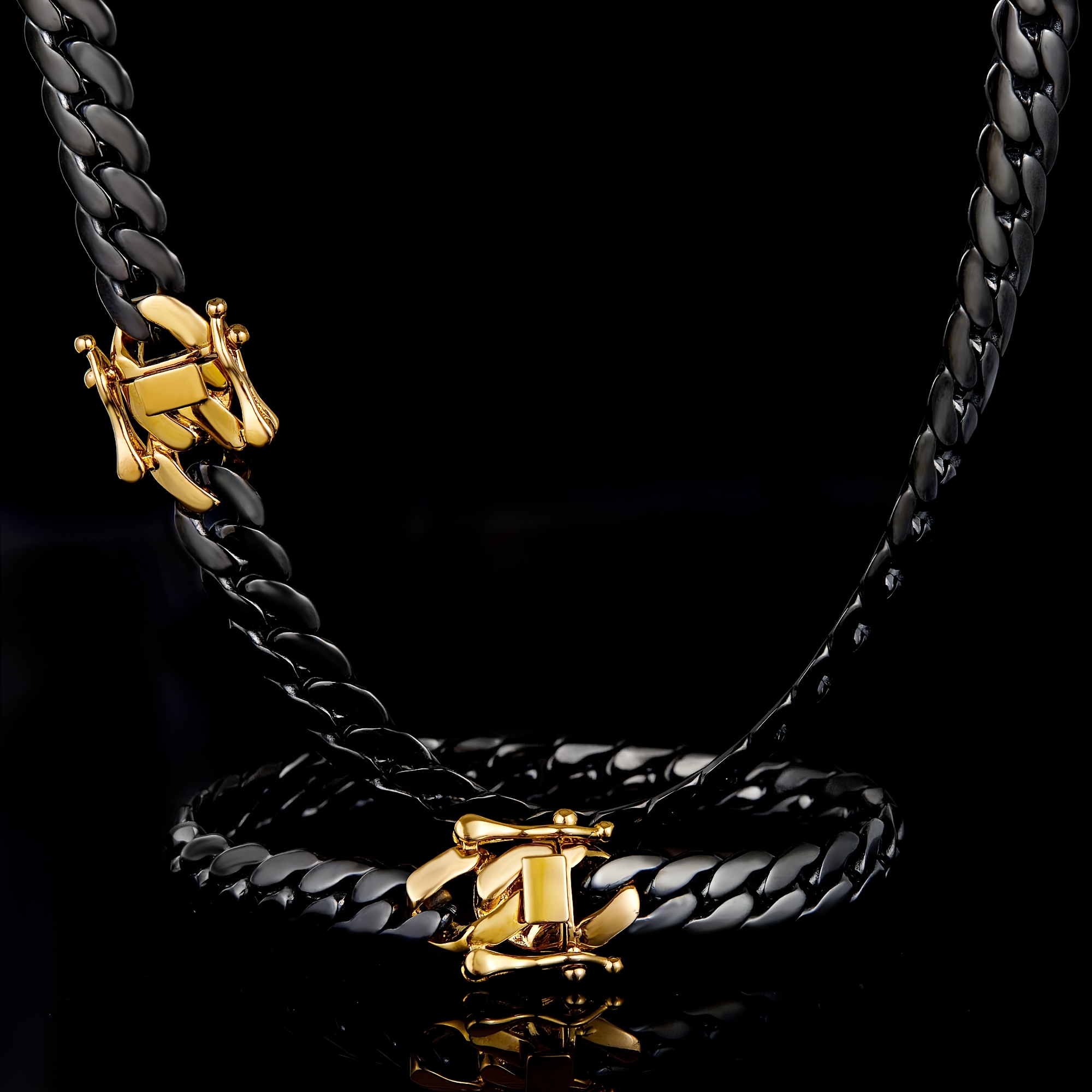 

2pcs Miami Chain Necklace And Bracelet Set, 18k Gold Plated Clasp, Black Stainless Steel