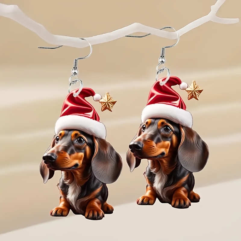 

Dachshund Dog With Christmas Hat Acrylic Earrings - Holidays, Birthdays &