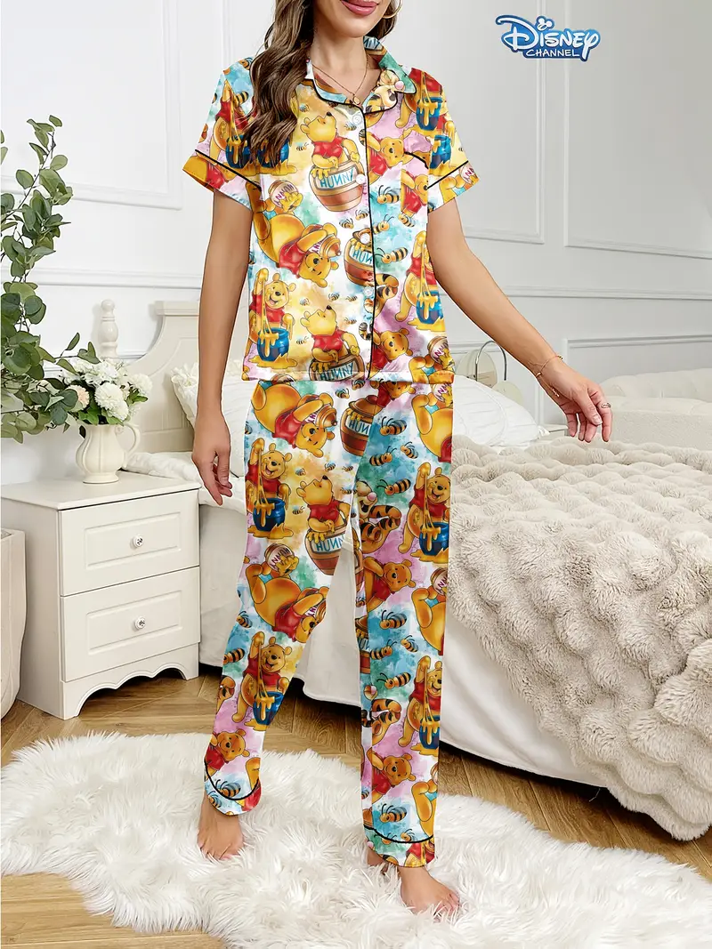 series womens casual comfortable pajama set button collar short sleeve top elastic waist pants Product details 3